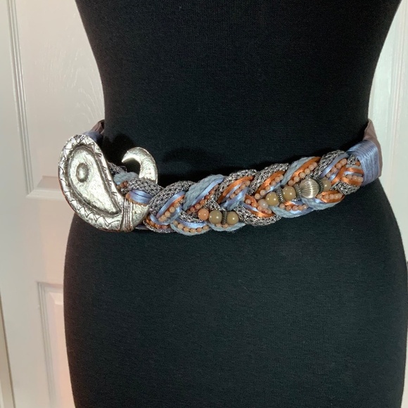 Carolyn Tanner Vintage Beaded Braided Bohemian Silver Medallion Belt - Picture 3 of 7